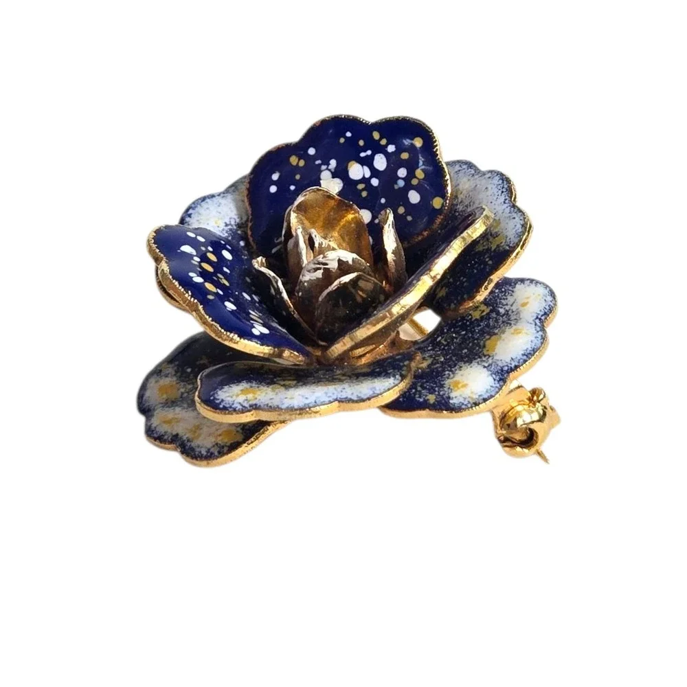 Vintage Goldtone Blue Yellow Paint Enamel Flower Brooch & Clip On‎ Earrings Set